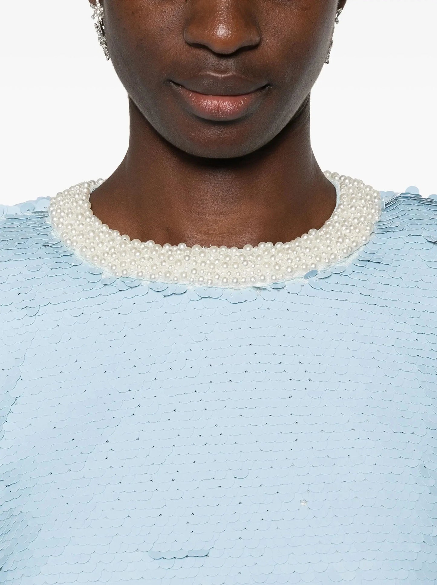 Long-Sleeve Sequin and Pearl-Embellished Short Dress in Powder Blue - Dresses
