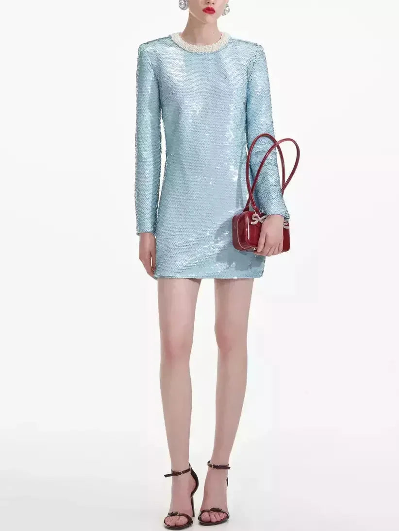Long-Sleeve Sequin and Pearl-Embellished Short Dress in Powder Blue - Dresses