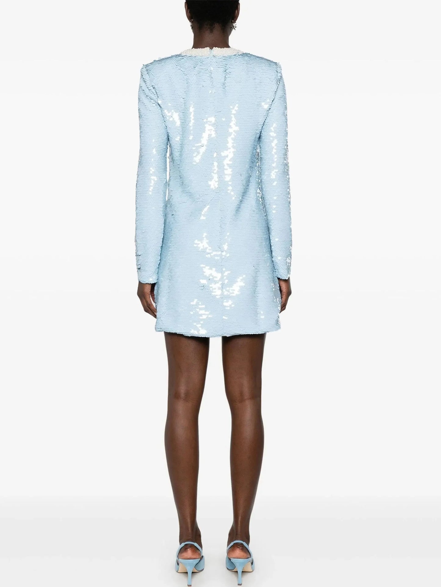 Long-Sleeve Sequin and Pearl-Embellished Short Dress in Powder Blue - Dresses