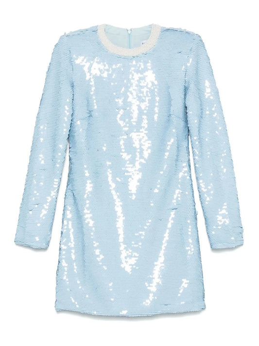 Long-Sleeve Sequin and Pearl-Embellished Short Dress in Powder Blue - Dresses