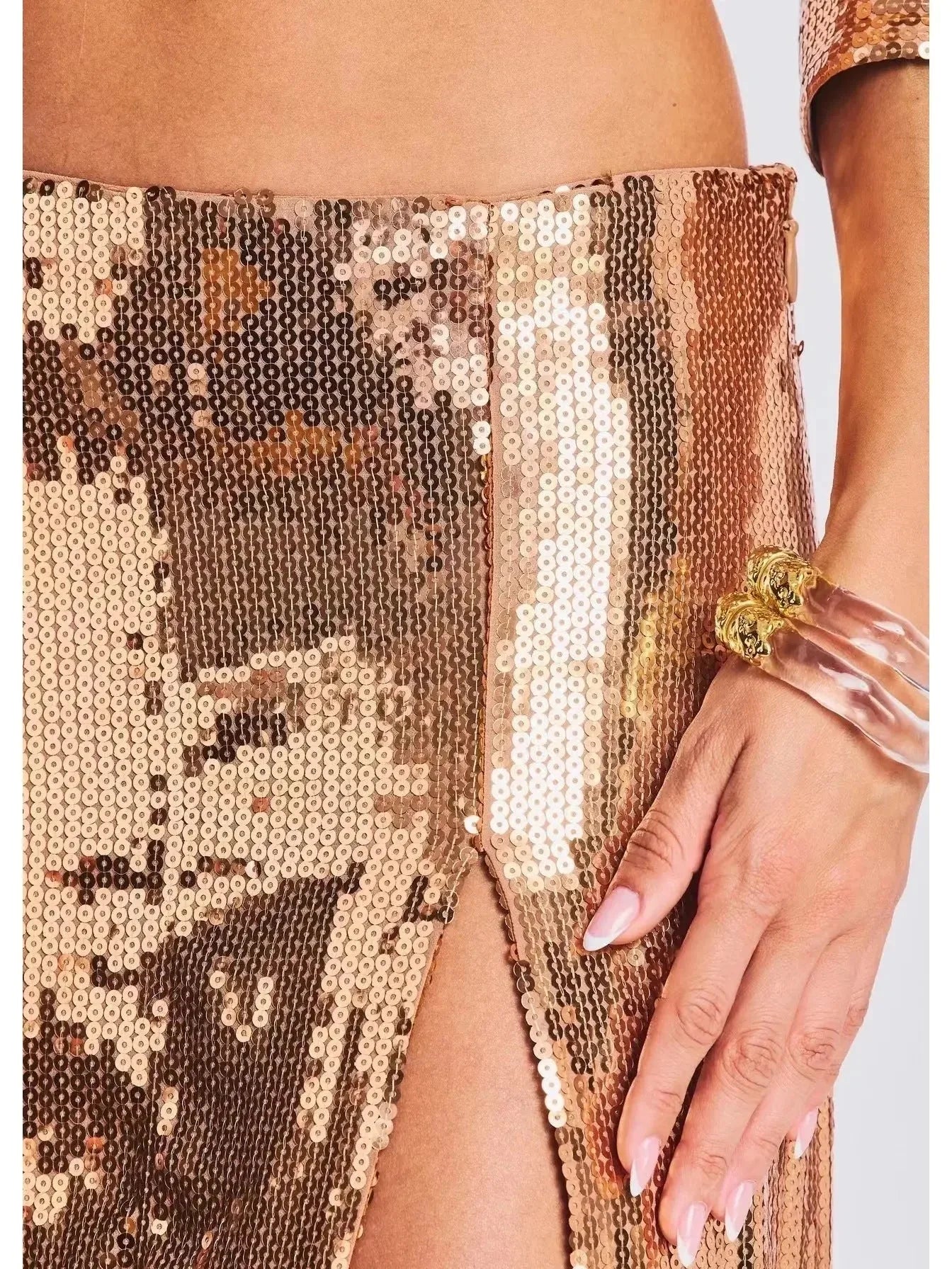 Long-Sleeve Sequin Shirt and Skirt Set in Gold - Suits & Sets