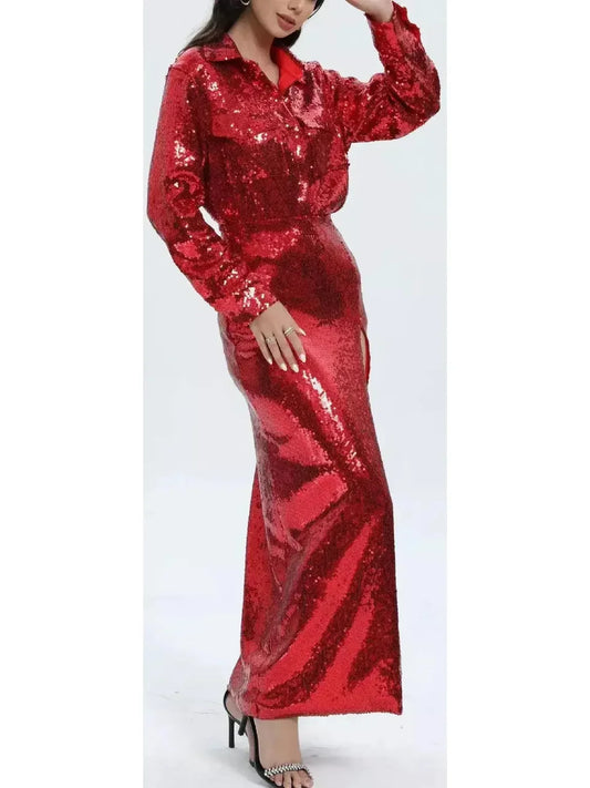 Long-Sleeve Sequin Shirt and Skirt Set in Red - Dresses
