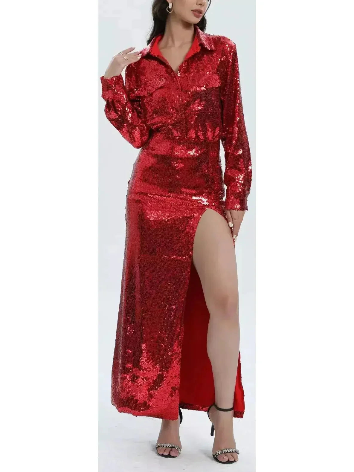 Long-Sleeve Sequin Shirt and Skirt Set in Red - Dresses