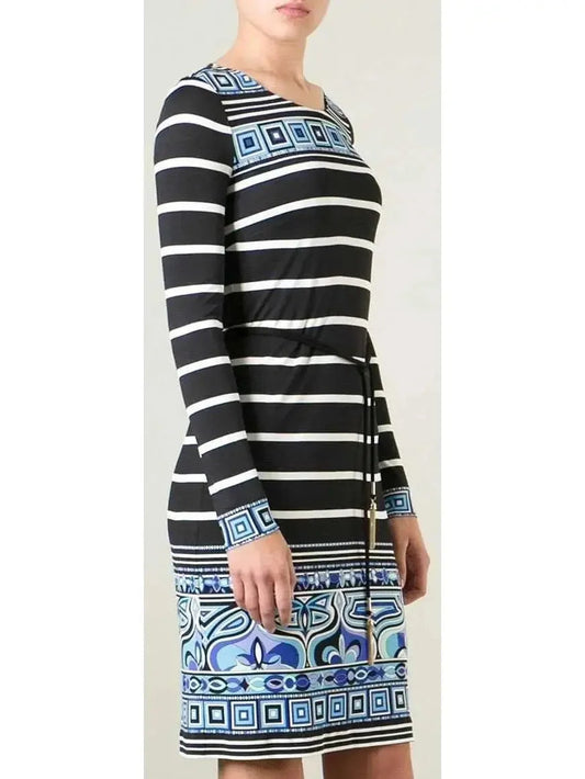 Long-Sleeve Striped Square-Border Dress - Dresses