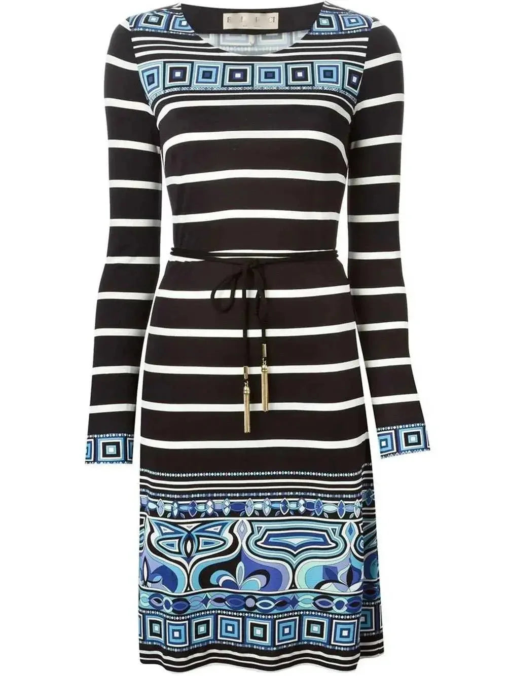 Long-Sleeve Striped Square-Border Dress - Dresses