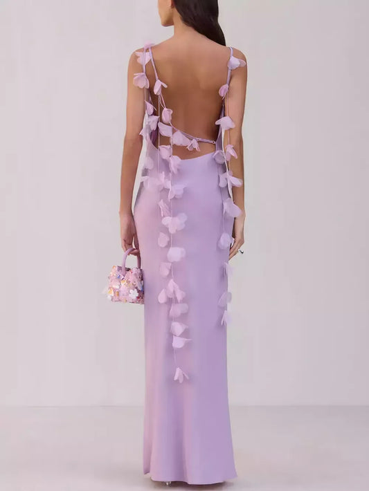 Long Sleeveless Gown with Organza Flower Petals - Dresses