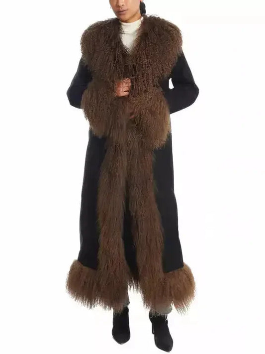 Long Suede Black Coat with Brown Shearling Trim - Coats