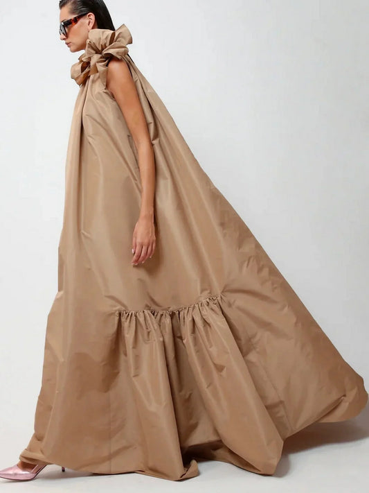 Long Taffeta Maxi Dress with Bows - Dresses