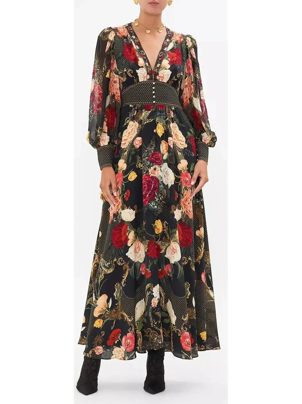 Low-Cut Long Multicolored Floral-Printed Dress - Dresses
