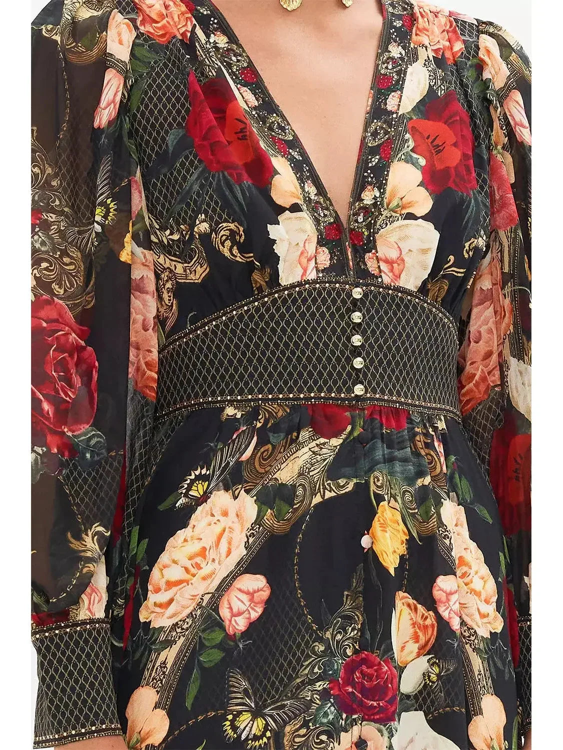 Low-Cut Long Multicolored Floral-Printed Dress - Dresses