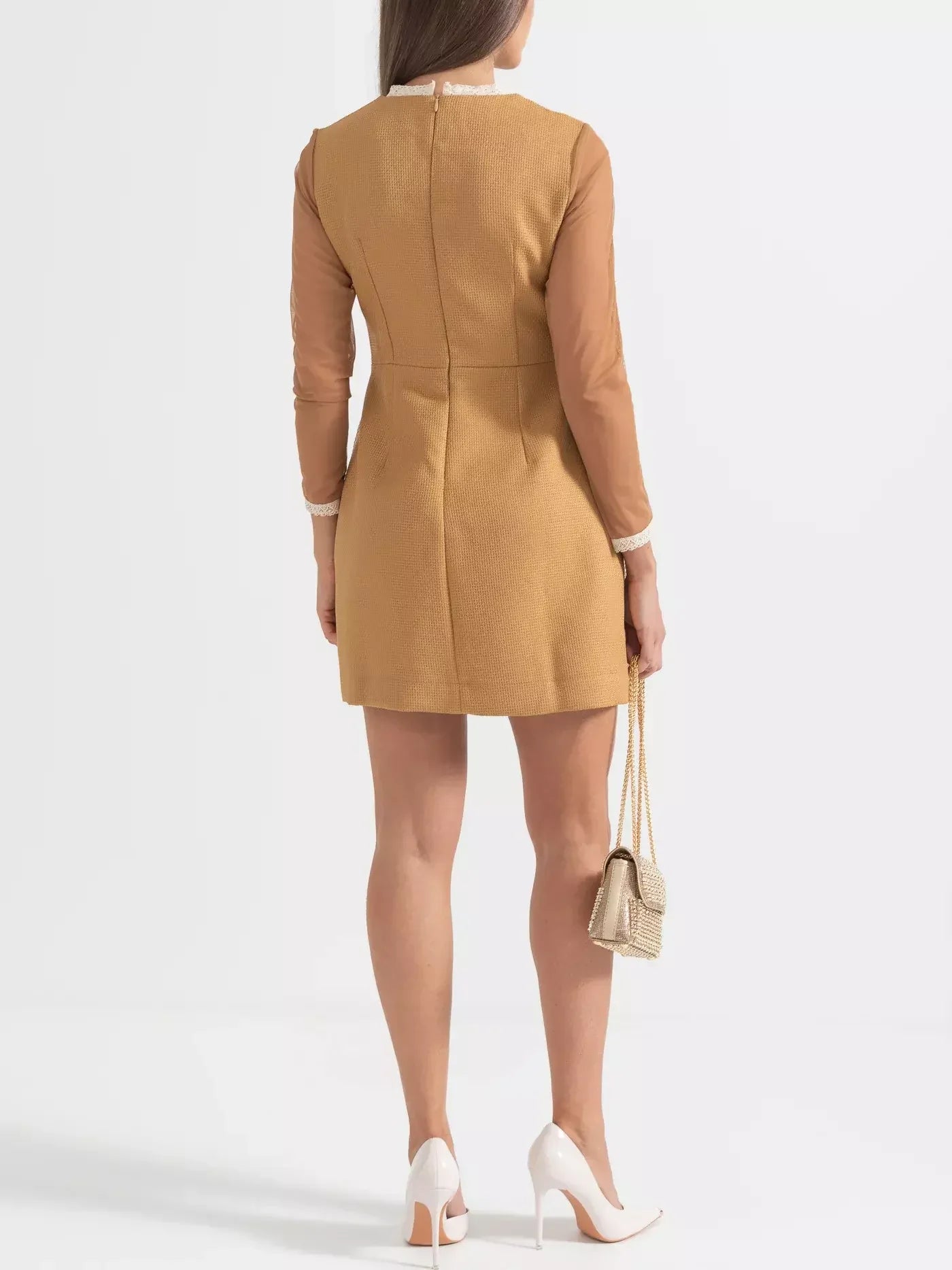 Tan mini dress with sheer sleeves featuring lace embroidery for a stylish look