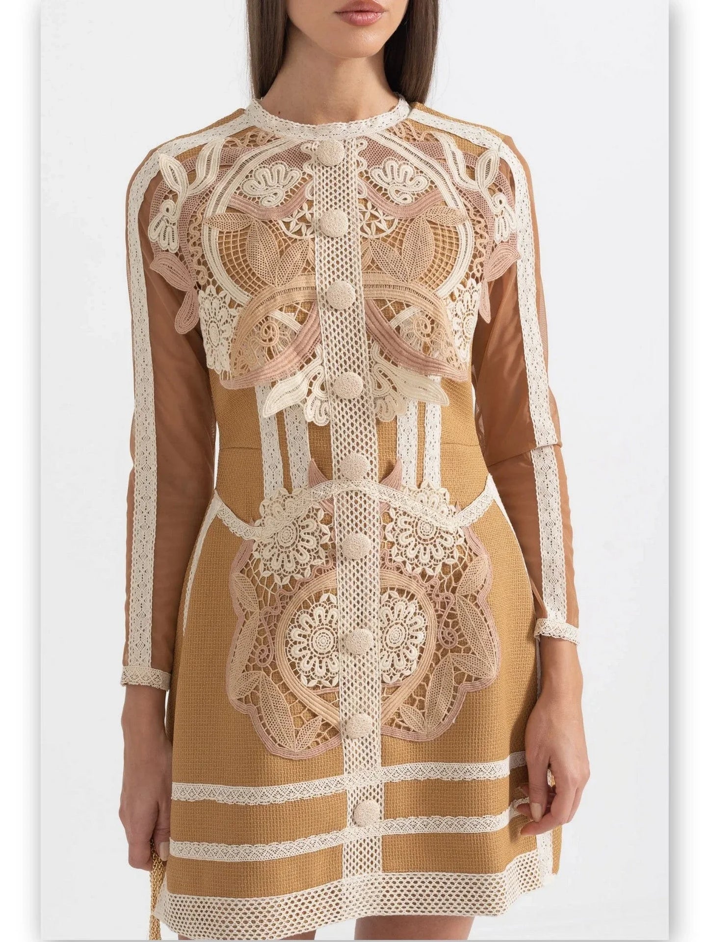 Tan Macrame and Lace Embroidery Mini Dress with detailed lace and button accents