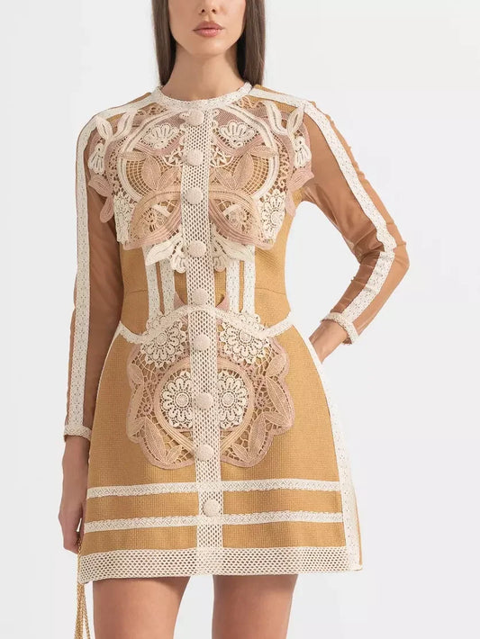 Tan Macrame and Lace Embroidery Mini Dress with button detailing and lace accents