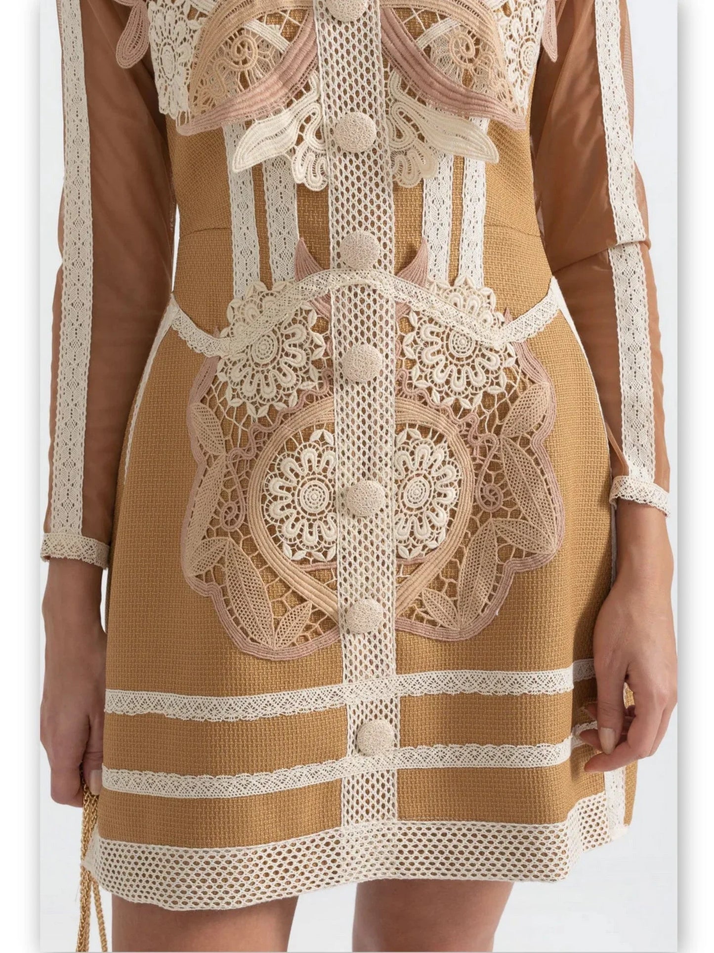 Tan Macrame and Lace Embroidery Mini Dress with button detailing and lace accents