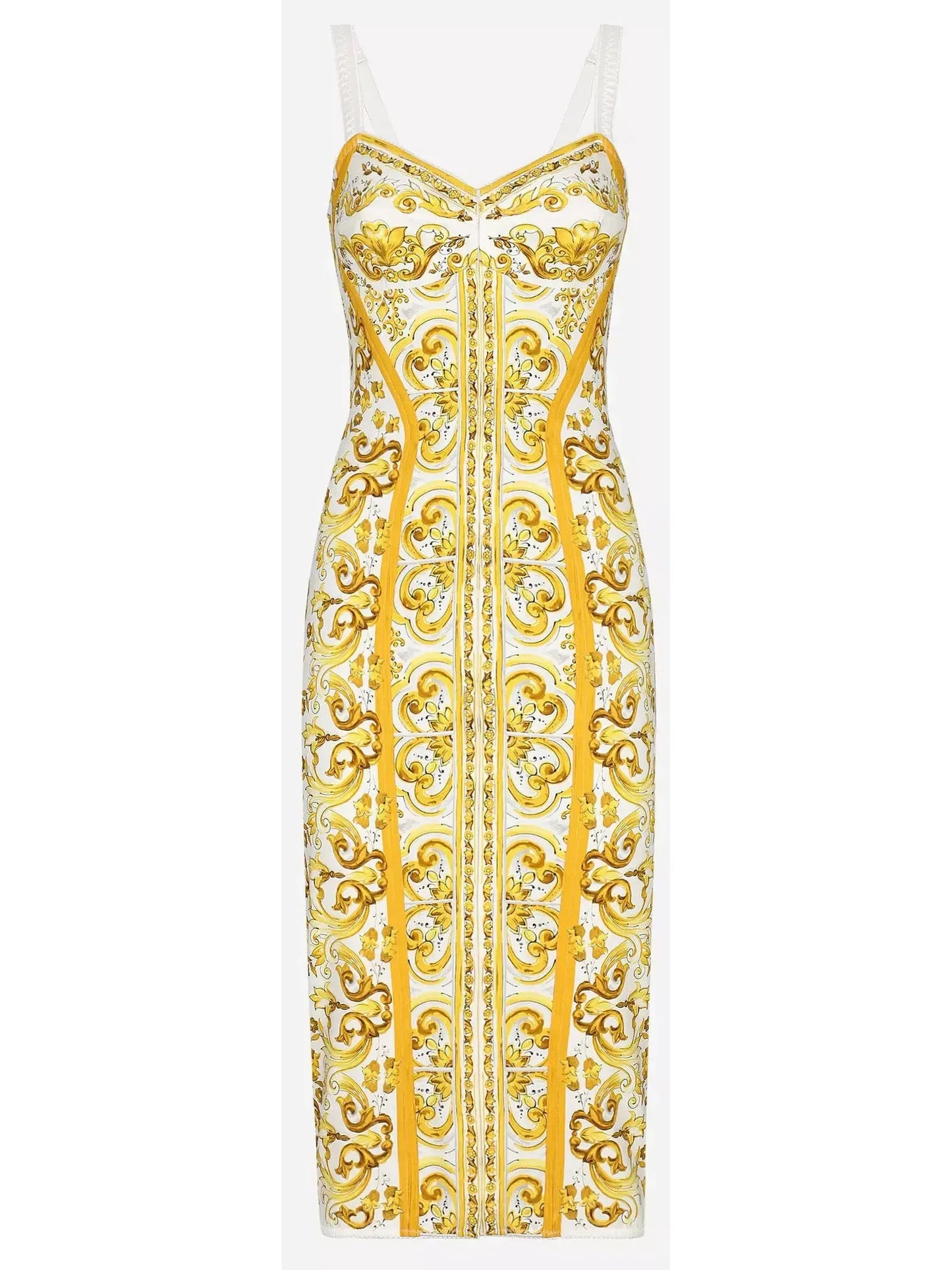 Majolica Italian Print Charmeuse Silk Corset Dress in Yellow and White - Dresses