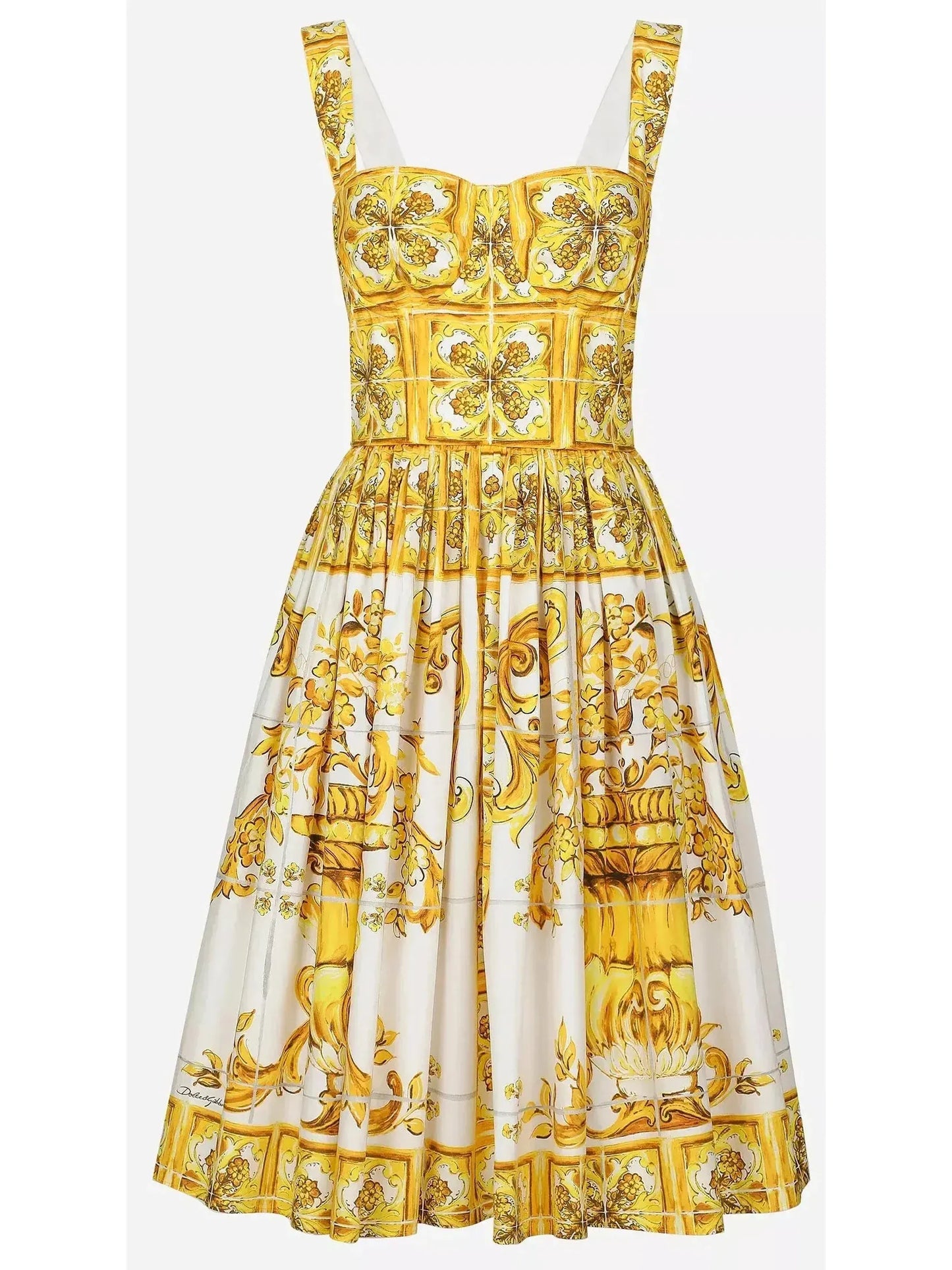 Majolica Italian Print Cotton Poplin Midi Corset Dress in Yellow and White - Dresses