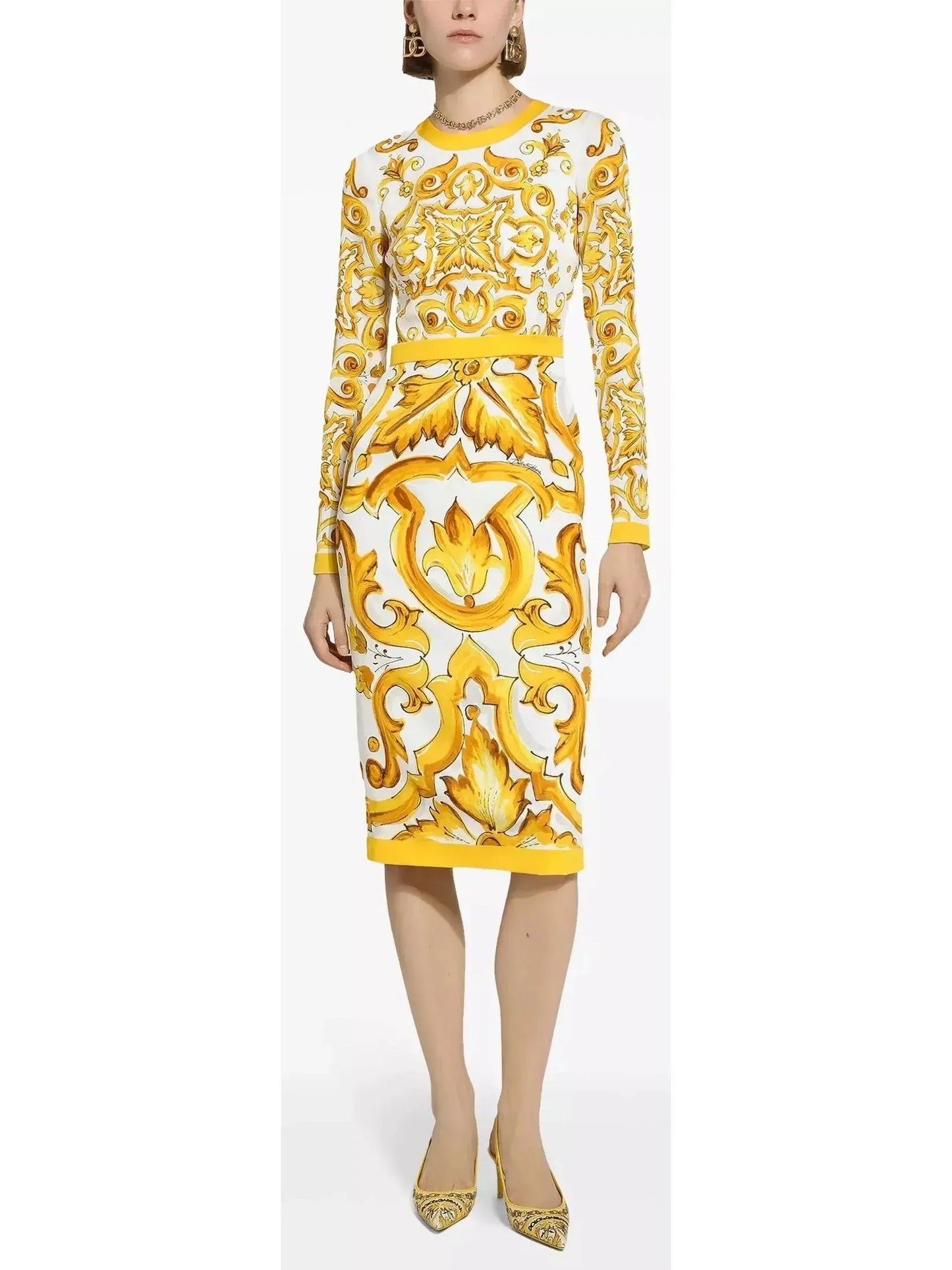 Majolica Italian Printed Charmeuse Silk Calf-Length Sheath Dress - small - Dresses