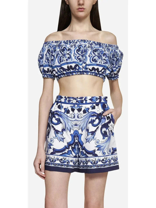 Majolica Off-Shoulder Cropped Top in Blue and White - Tops