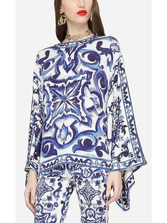 Majolica-Print Charmeuse Blouse - Tops