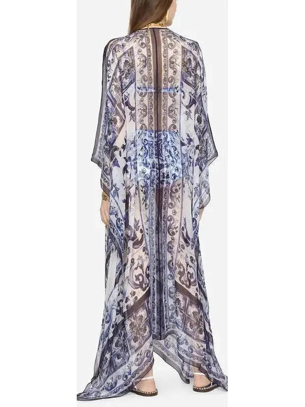 Majolica-Print Chiffon Kaftan Dress with Under Bralette Cropped Tank Top and Short Set - Dresses