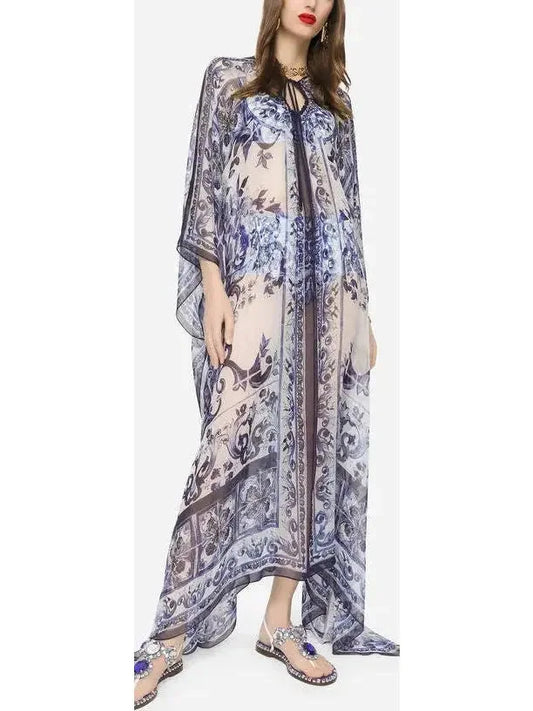 Majolica-Print Chiffon Kaftan Dress with Under Bralette Cropped Tank Top and Short Set - Dresses