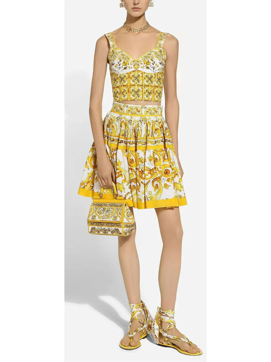 Majolica Print Corset Top and Skirt Set in Yellow and White - Suits & Sets