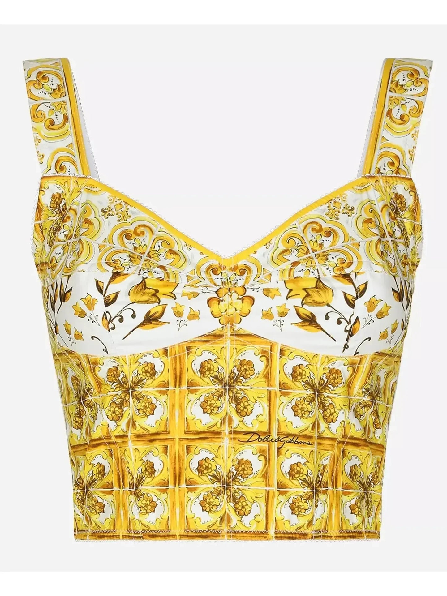Majolica Print Cotton Corset Top in Yellow and White - Tops