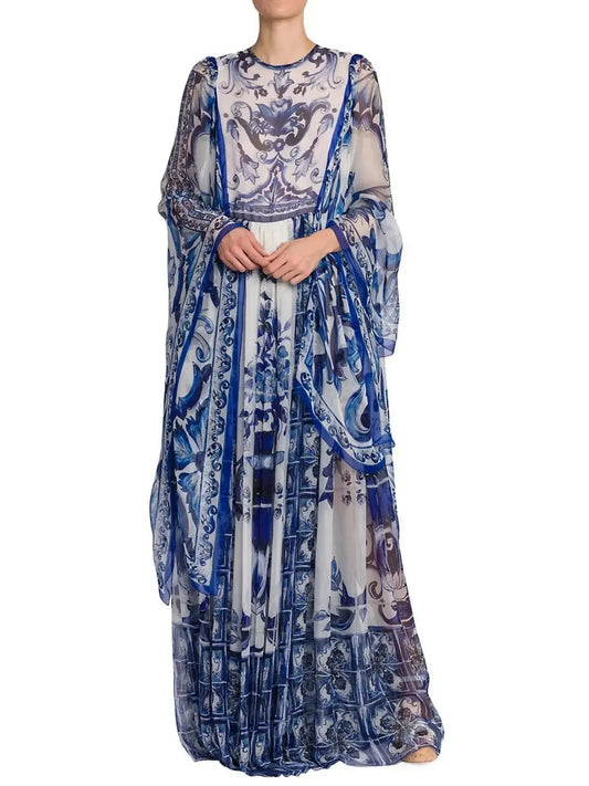 Majolica-Print Long Chiffon Dress - Dresses