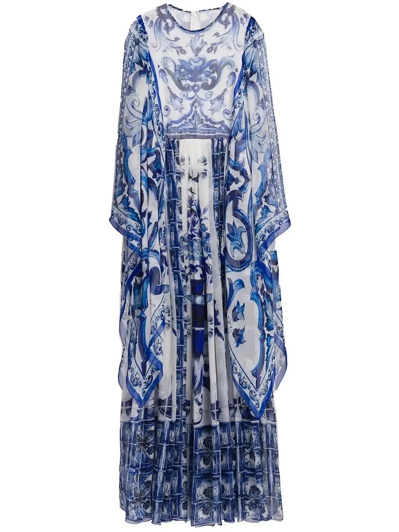 Majolica-Print Long Chiffon Dress - Dresses