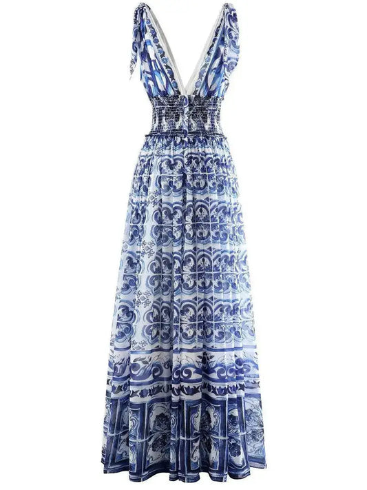 Majolica-Print Long Poplin Dress - Dresses