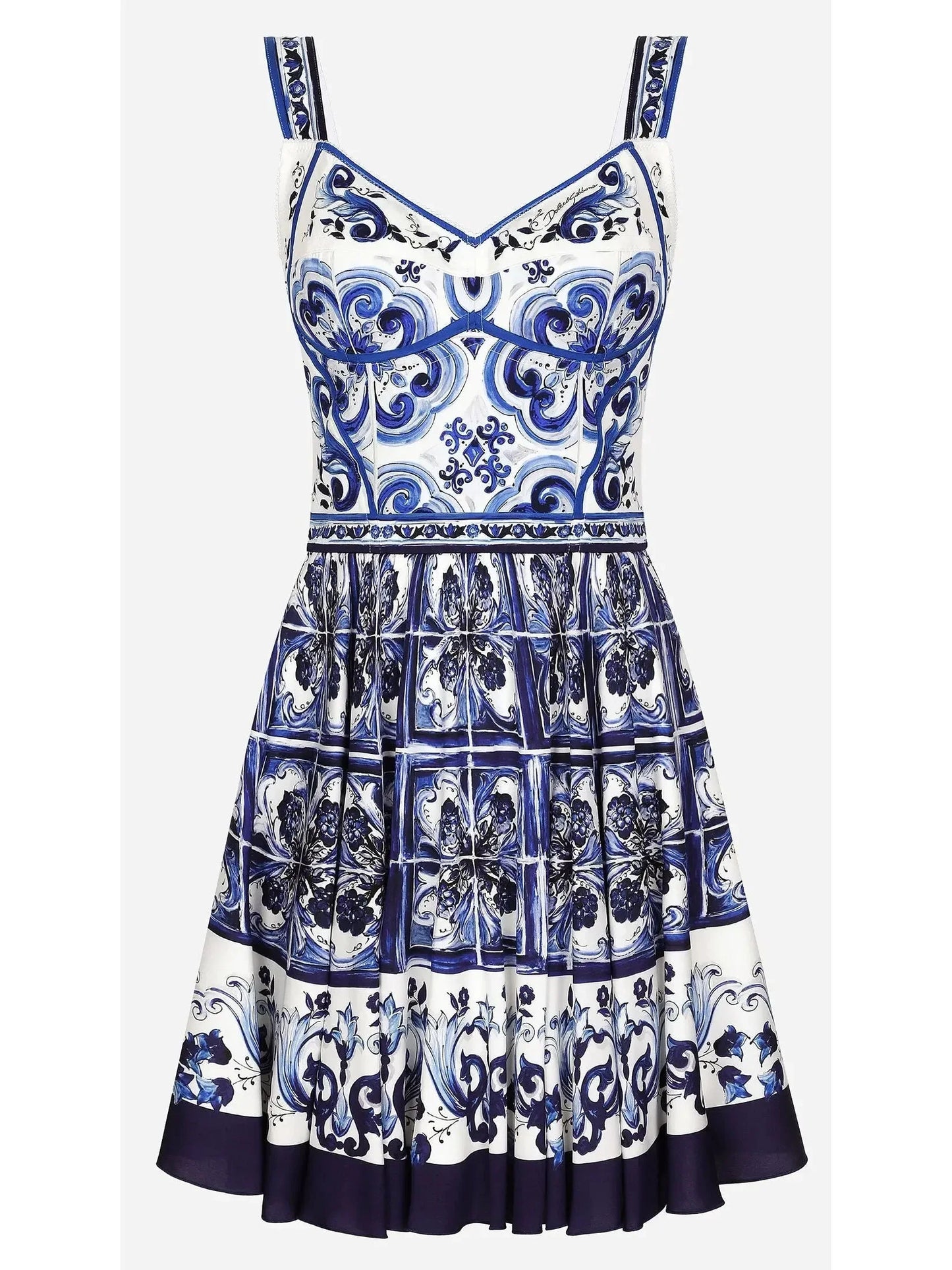 Majolica Print Short Charmeuse Bustier Dress Blue - Dresses