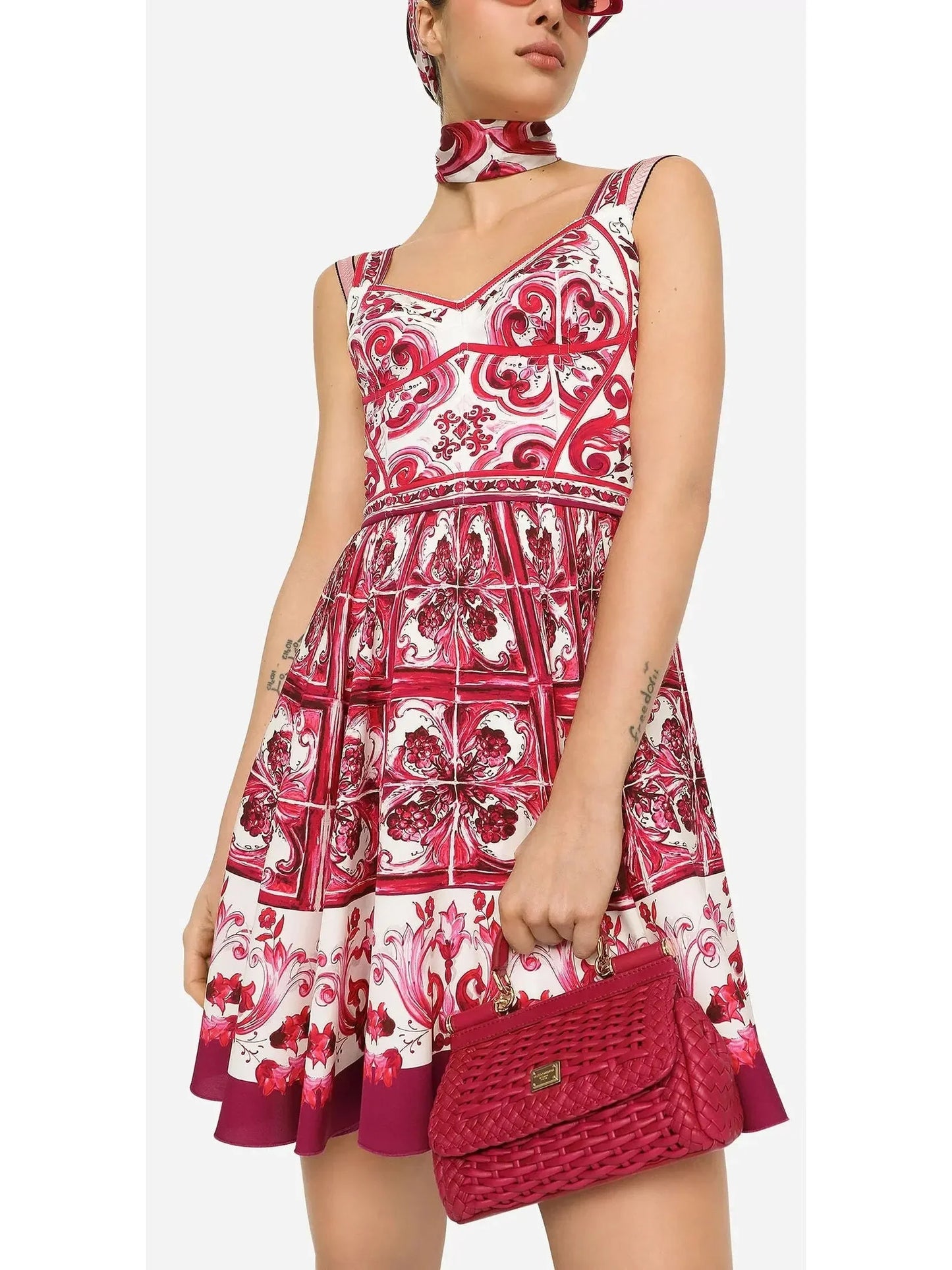 Majolica Print Short Charmeuse Bustier Dress Red - Dresses