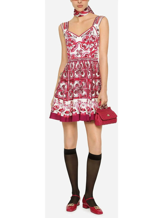 Majolica Print Short Charmeuse Bustier Dress Red - Dresses