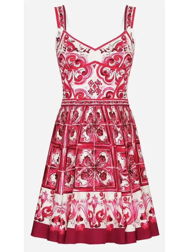 Majolica Print Short Charmeuse Bustier Dress Red - Dresses