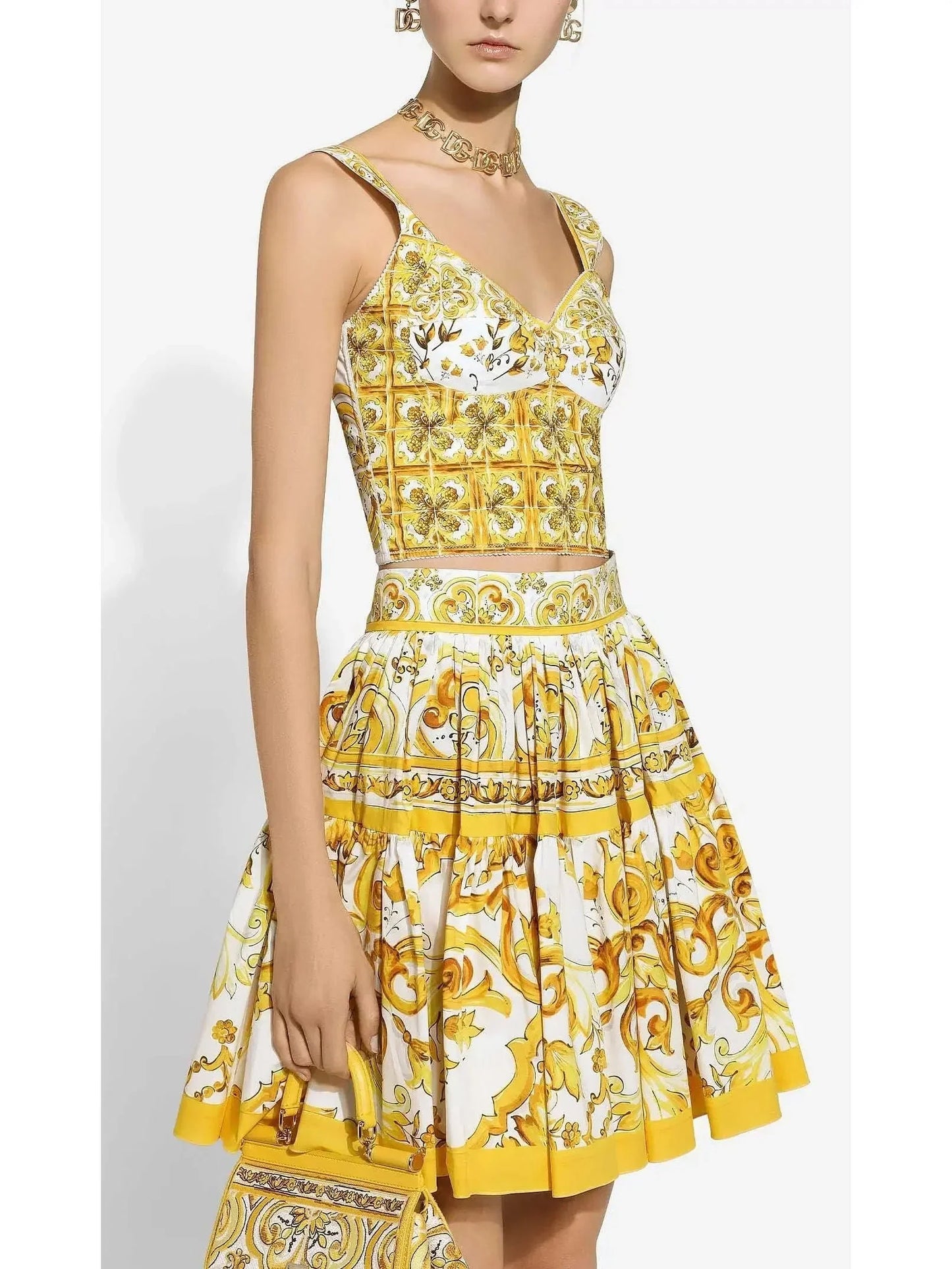 Majolica Print Short Cotton Circle Skirt in Yellow and White - Skirts