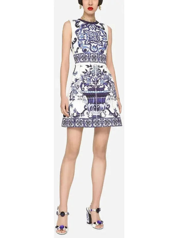 Majolica-Print Short Jacquard Brocade Dress - s - Dresses