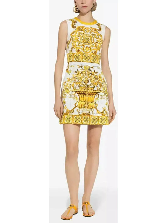 Majolica Printed Jacquard Mini Dress in Yellow and White - Dresses