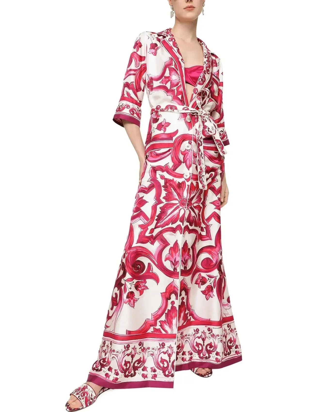 Majolica Printed Long Twill Shirt Dress Red - Dresses