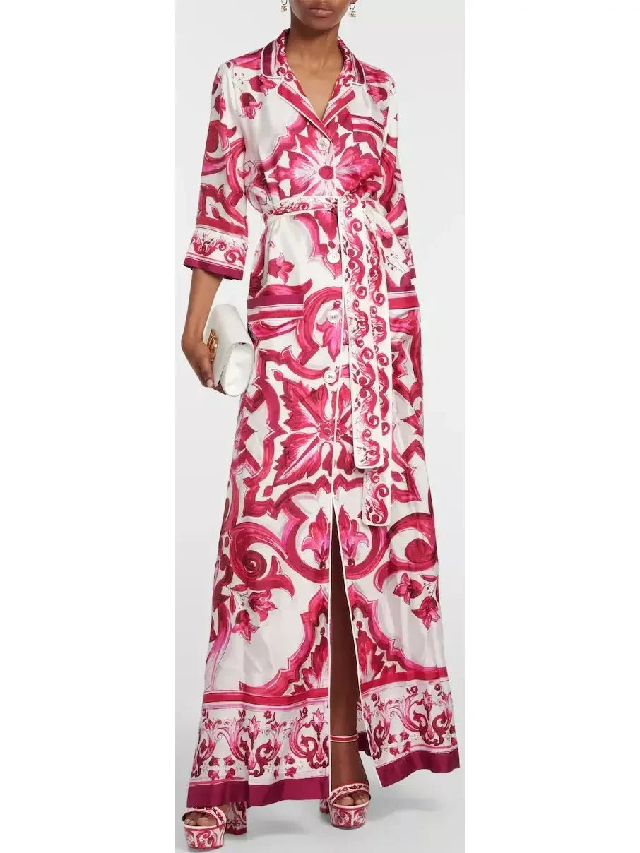 Majolica Printed Long Twill Shirt Dress Red - Dresses