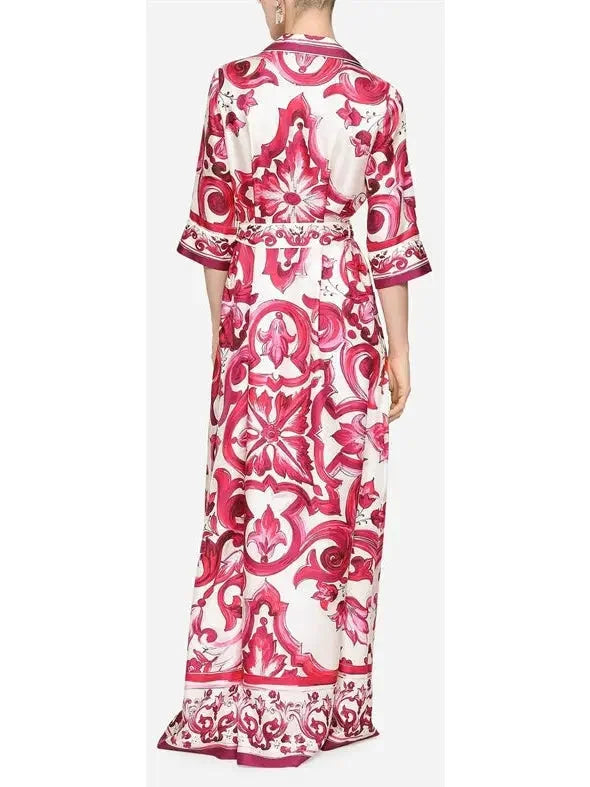 Majolica Printed Long Twill Shirt Dress Red - Dresses