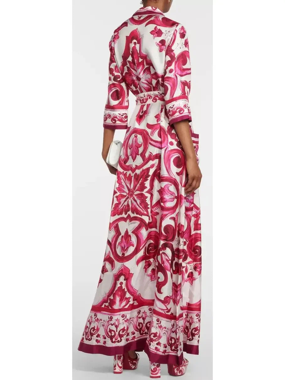 Majolica Printed Long Twill Shirt Dress Red - Dresses