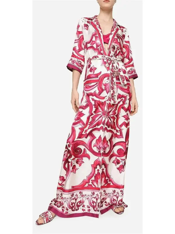 Majolica Printed Long Twill Shirt Dress Red - Dresses