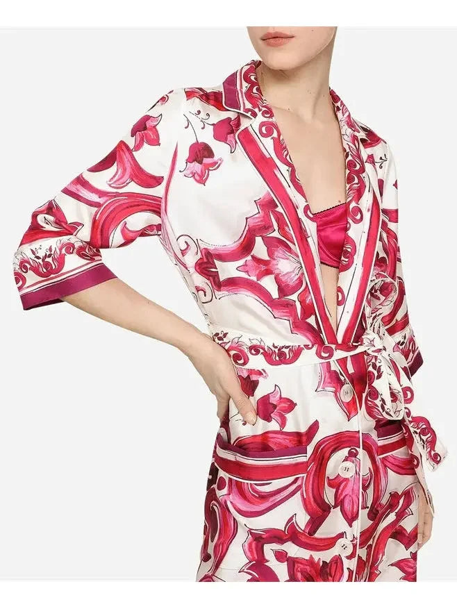 Majolica Printed Long Twill Shirt Dress Red - Dresses