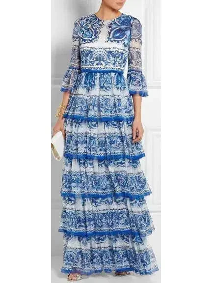 Majolica Tile Printed Tiered Gown - s - Dresses
