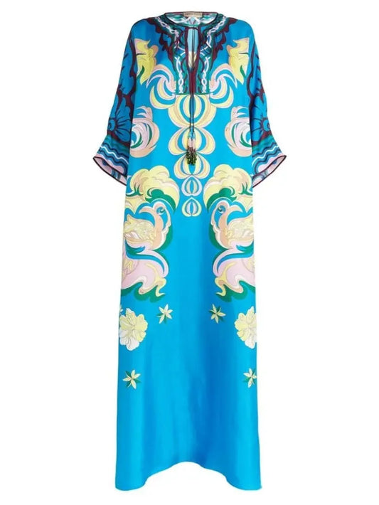 Manu Print Beaded Tassel Silk Kaftan - Dresses