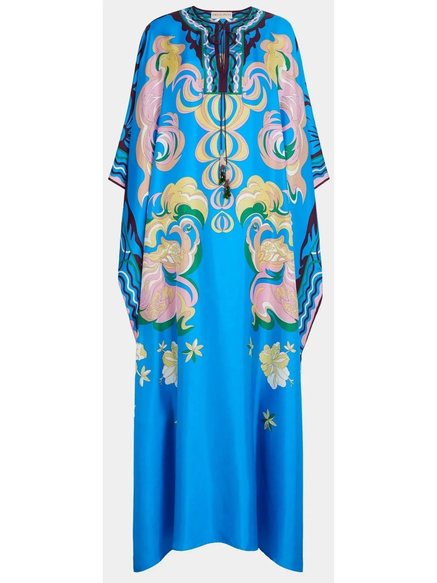 Manu Print Beaded Tassel Silk Kaftan - Dresses