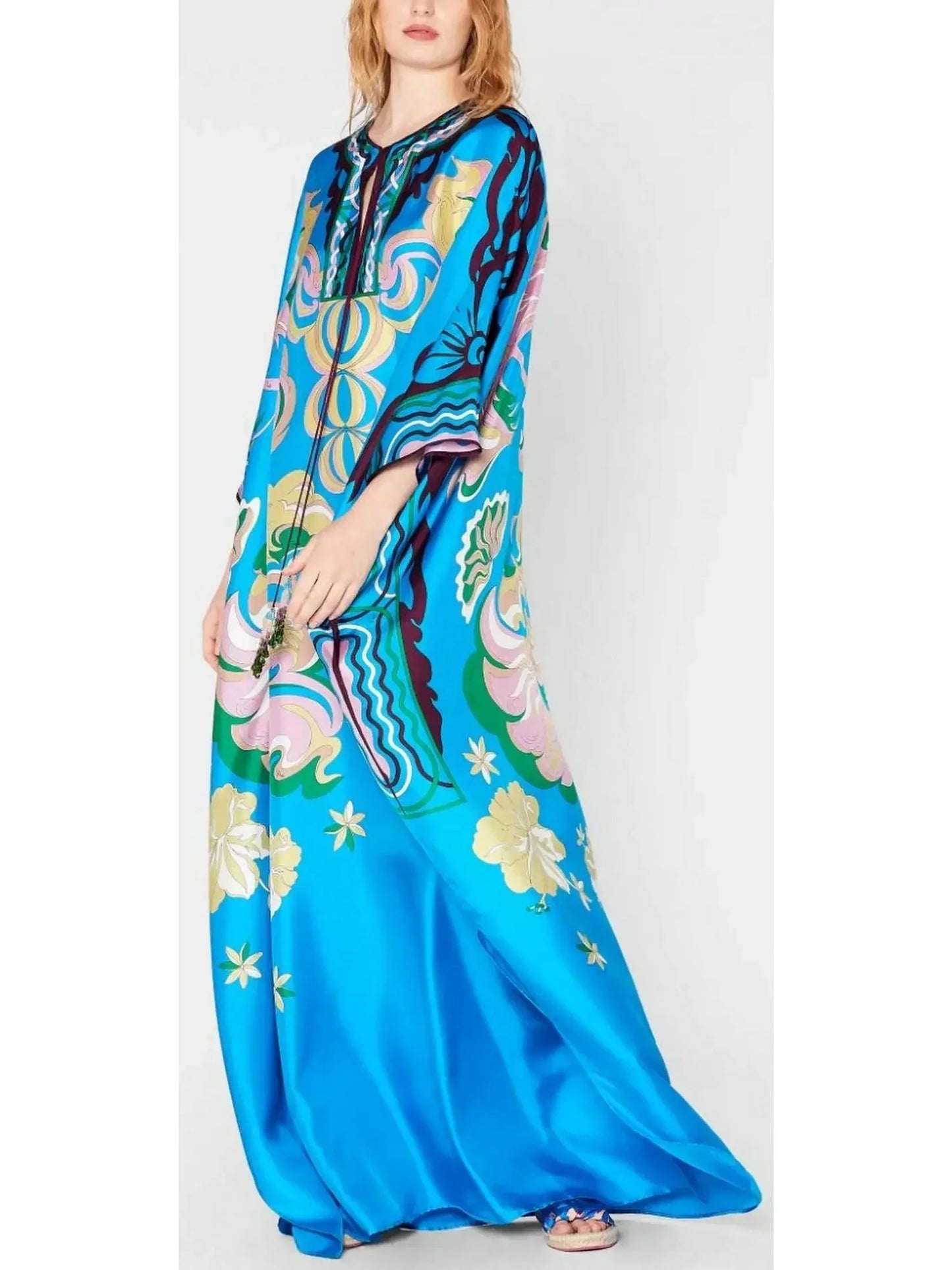 Manu Print Beaded Tassel Silk Kaftan - Dresses