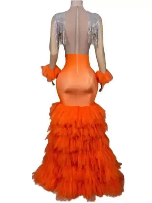 Mermaid Gown with Crystal Embellishments and Ruffled Tulle Train - Dresses