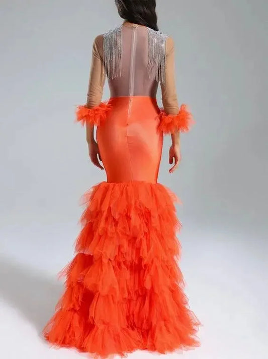 Mermaid Gown with Crystal Embellishments and Ruffled Tulle Train - Dresses