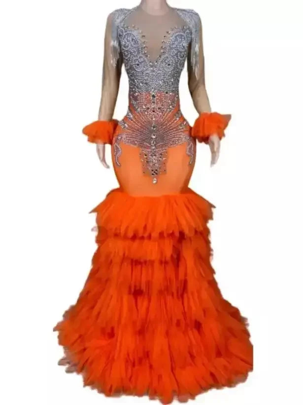 Mermaid Gown with Crystal Embellishments and Ruffled Tulle Train - Dresses